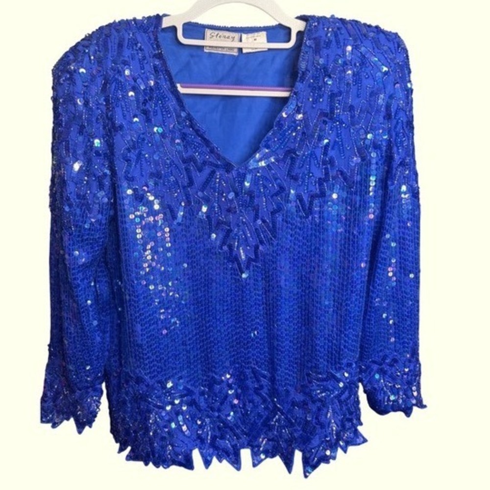Stenay Vintage Silk Sequin Skirt Set Purple Blue‎ Beaded 2 Piece Evening Suit M